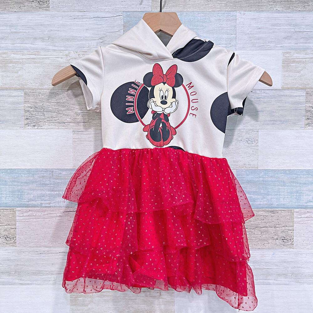 Disney Minnie Mouse Glitter Tutu Hem Hoodie Dress Red Little Girls Size XS 4-5